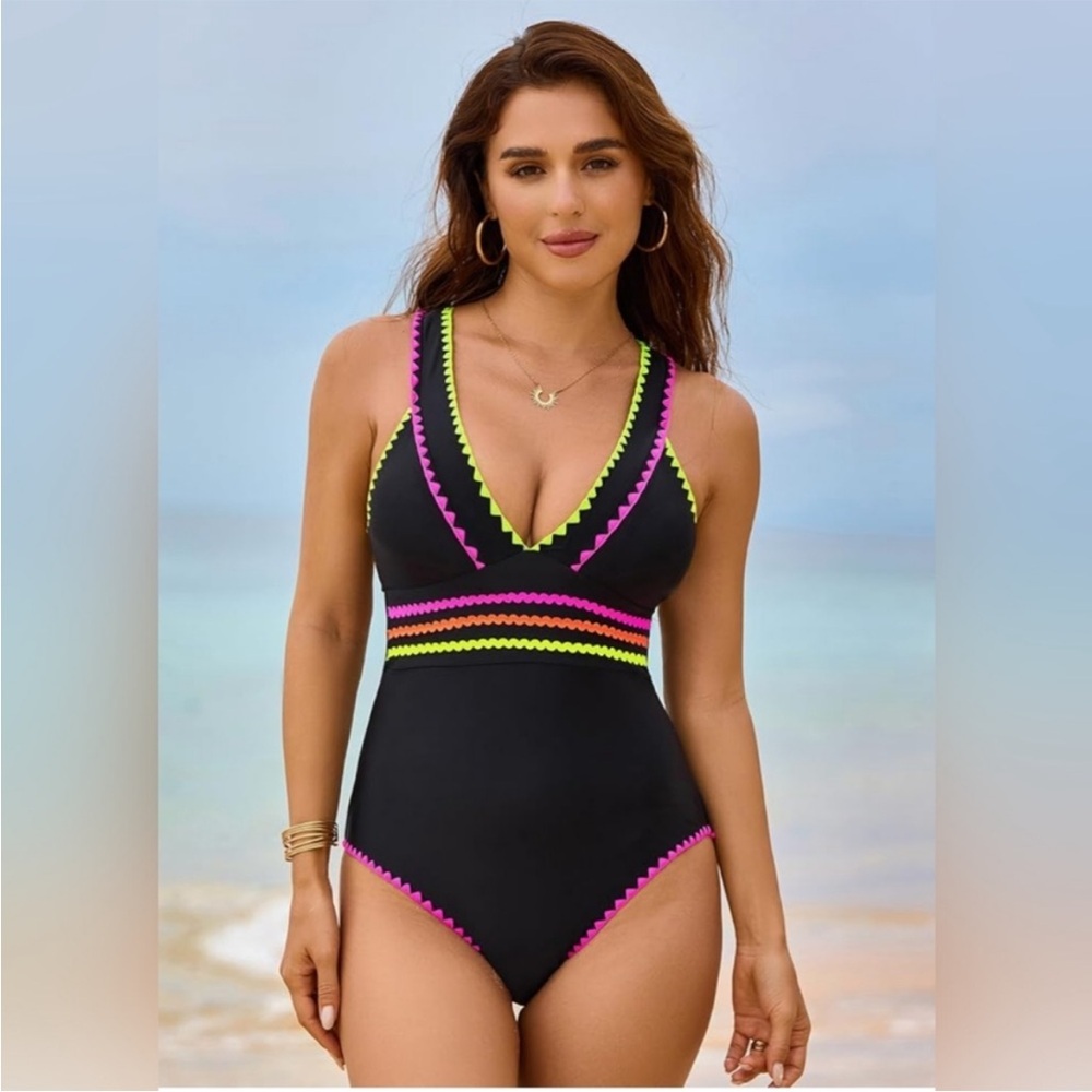 Popvil Black One Piece Swimsuit with Pink and Yellow Details New SzLarge